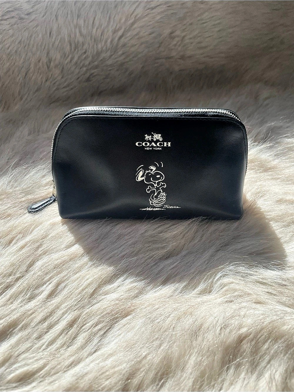 COACH x Peanuts Snoopy Black Leather Cosmetic Case Style #65208